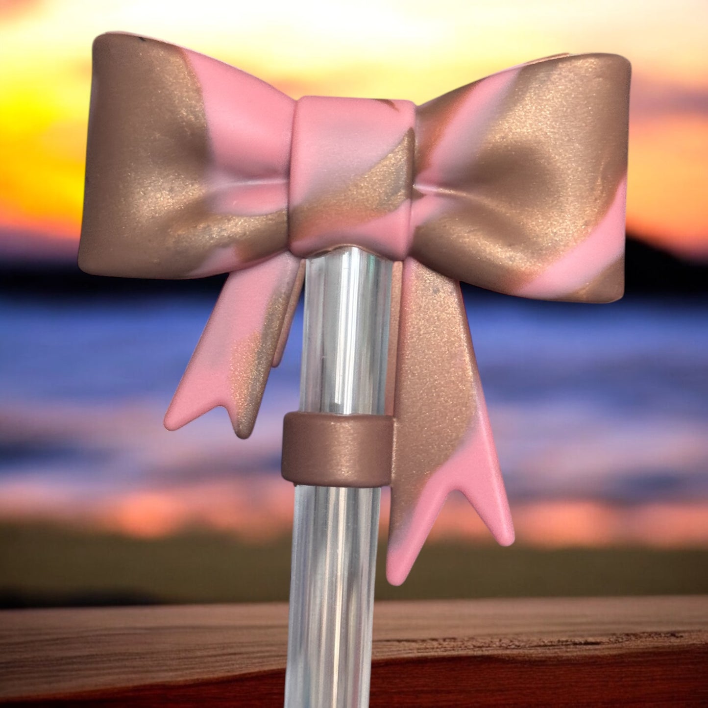3D Antique Pink & Champagne Bow | Straw Topper 10mm