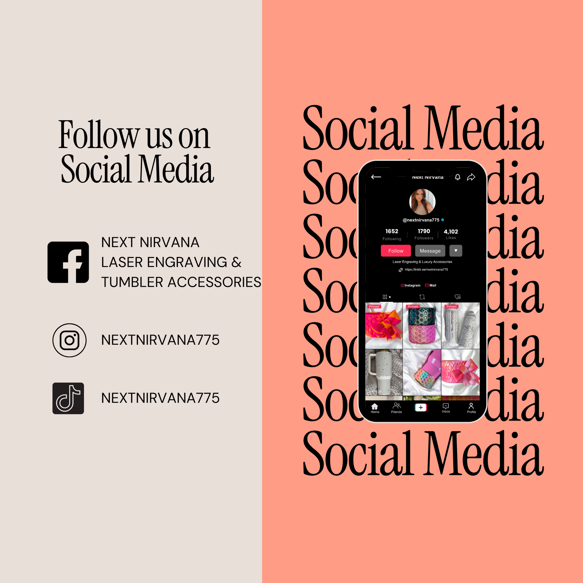 The image is a collage of various social media platforms, including Facebook, Instagram, and Twitter, with a focus on NextNIRVANA Laser Engraving & TUMBLER ACCESSORIES.