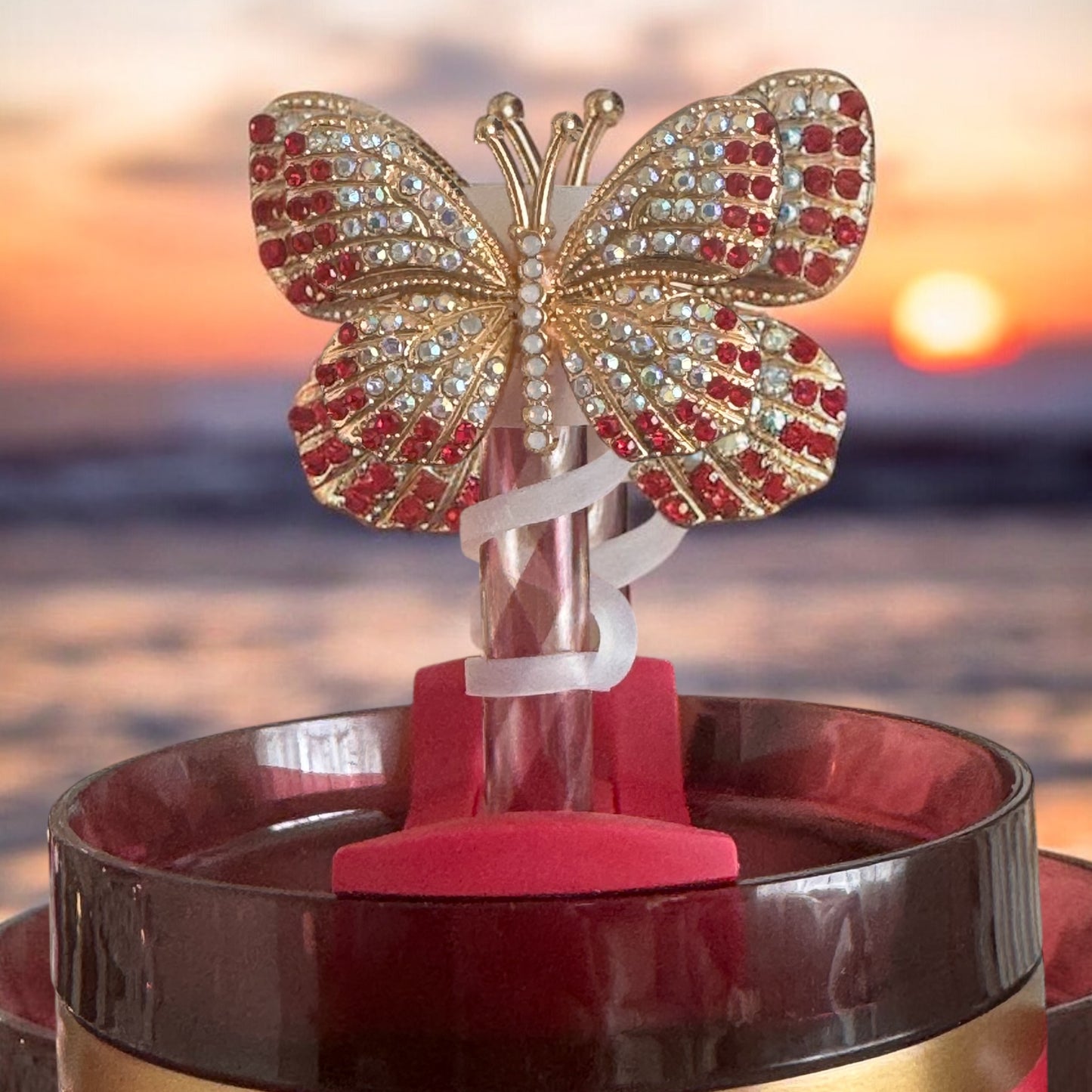 Scarlett & Gold Butterfly | Deluxe Straw Topper | 10mm