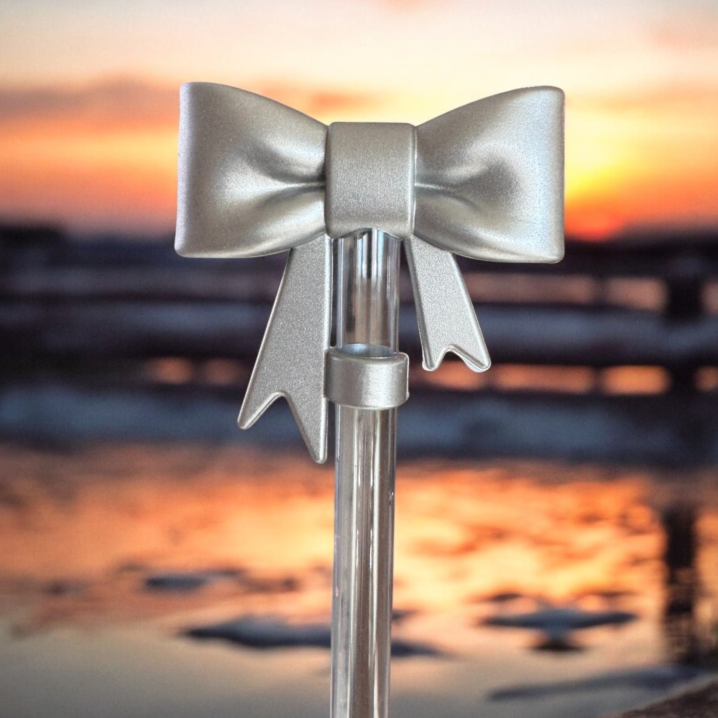 3D Silver Metallic Bow | Straw Topper 10mm