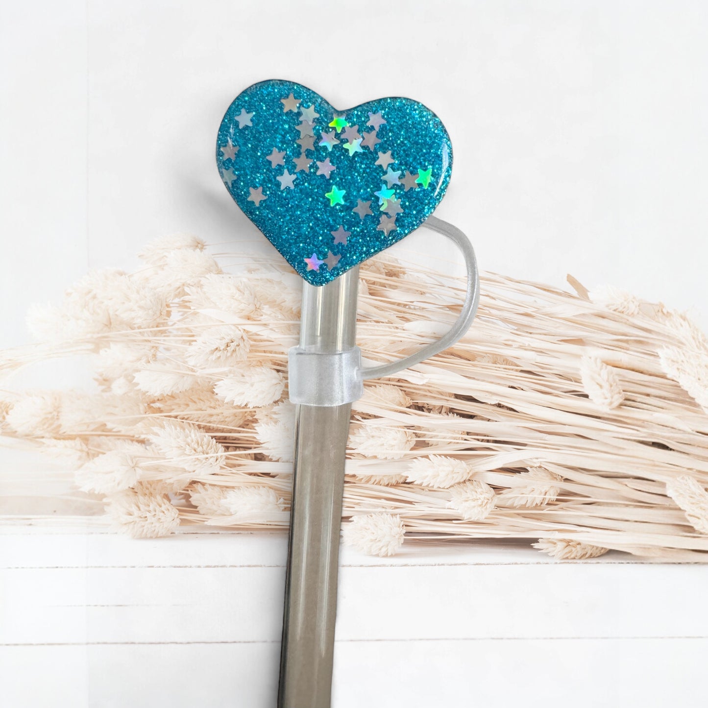 Blue Glitter Heart | Straw Topper 10mm