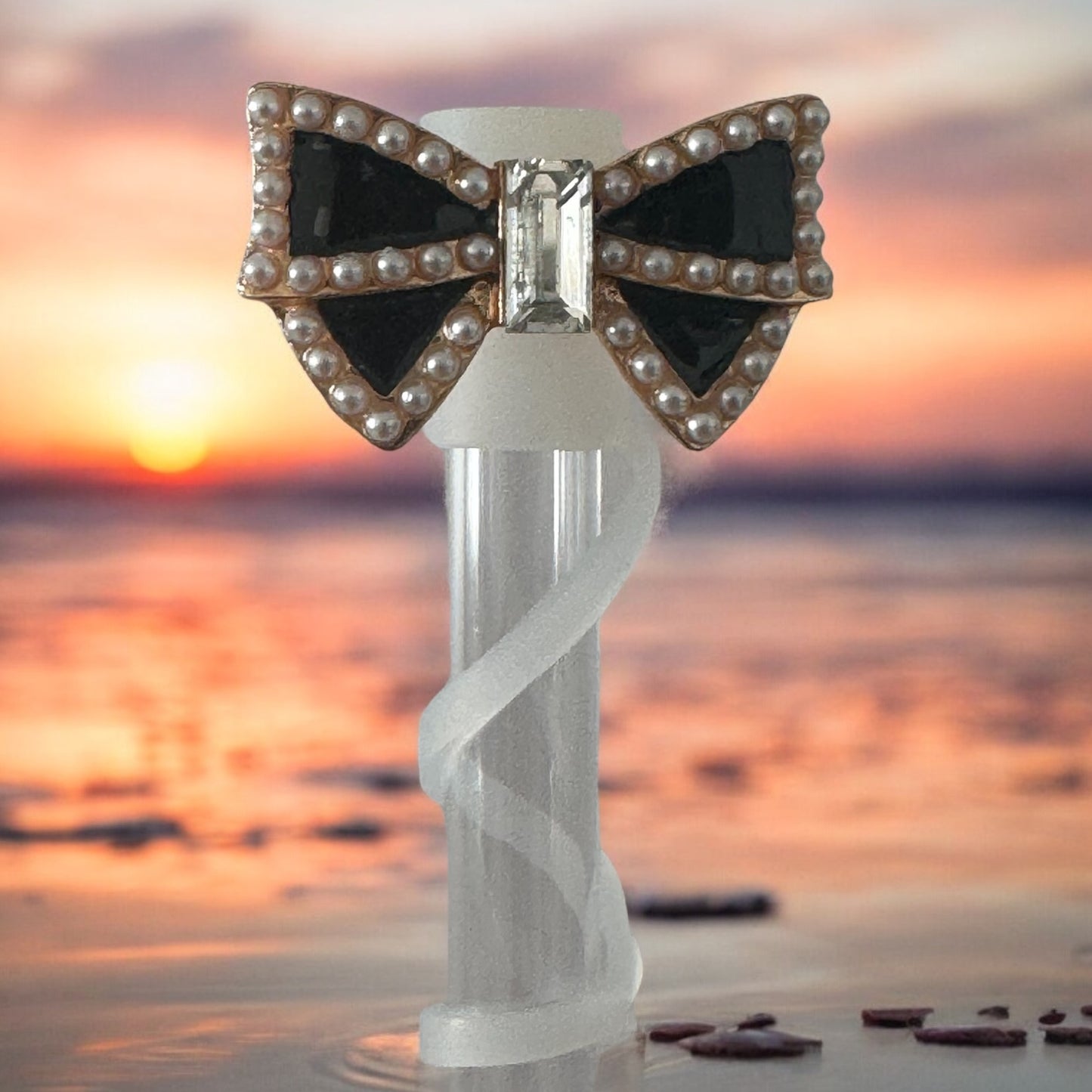 Black Bow & Pearls | Deluxe Straw Topper | 10mm