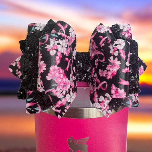 Floral Breast Cancer Awareness | Deluxe Chunky Glitter Tumbler Bow