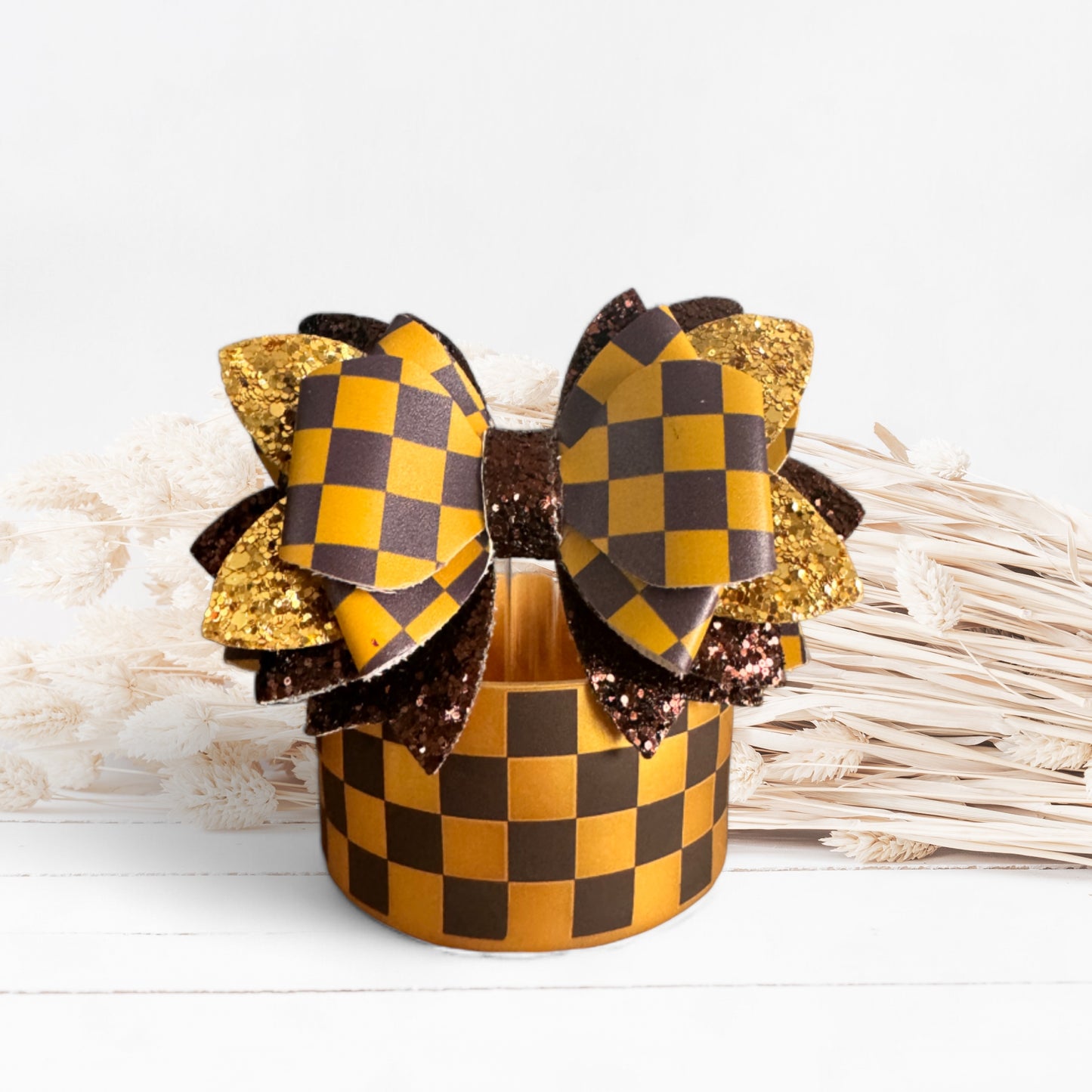 Chocolate & Gold Checks Bow & Boot Set