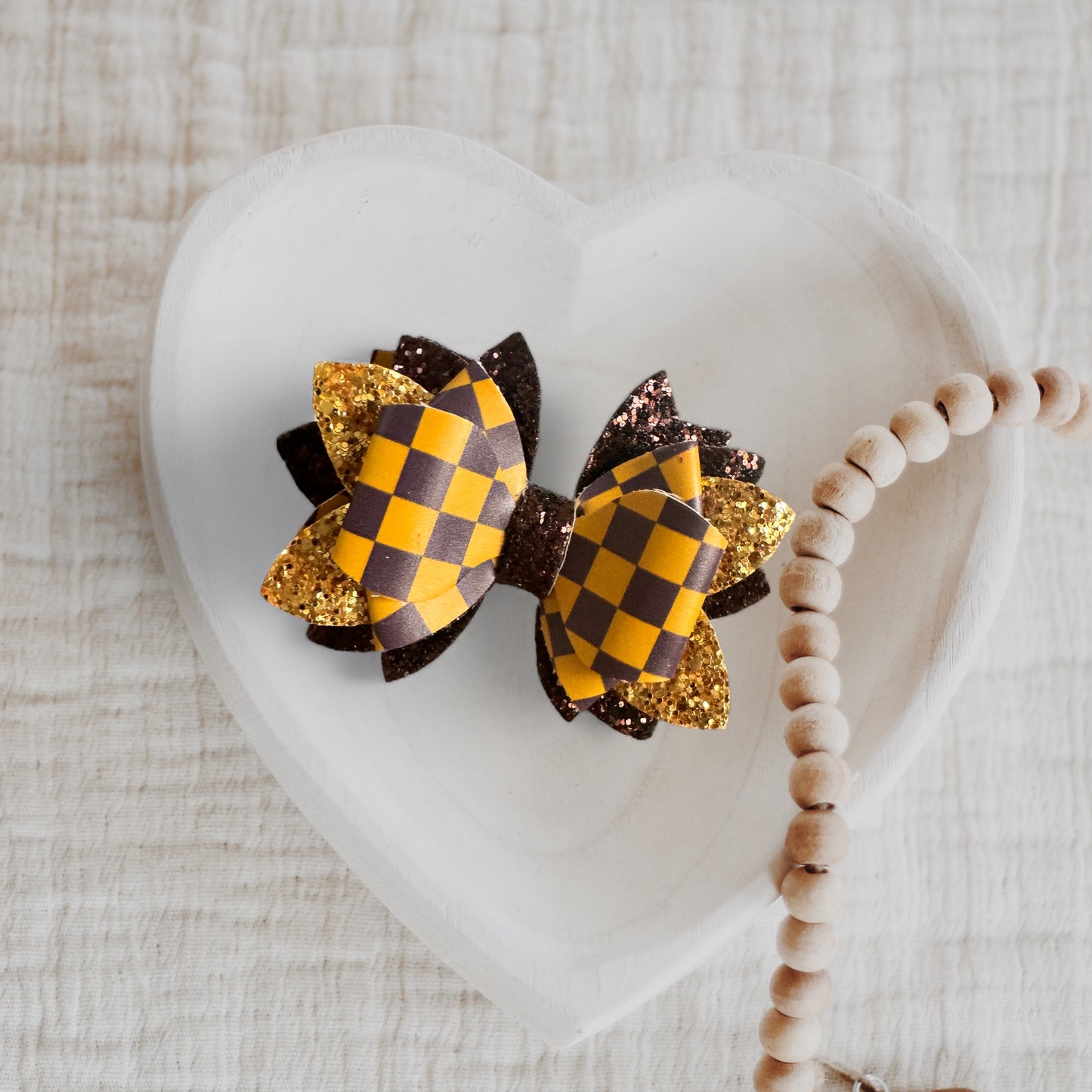 Chocolate & Gold Checks Bow