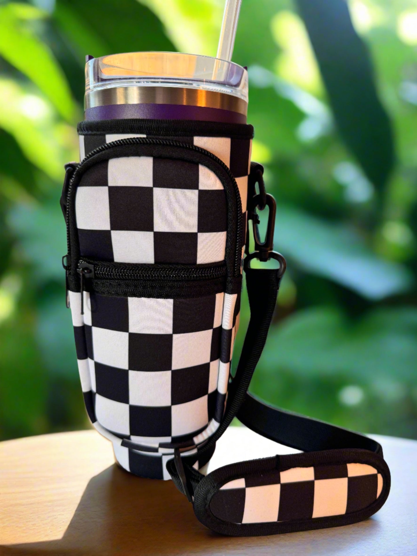 Black & White Checkers Carrier with Phone Pocket | 30oz & 40oz