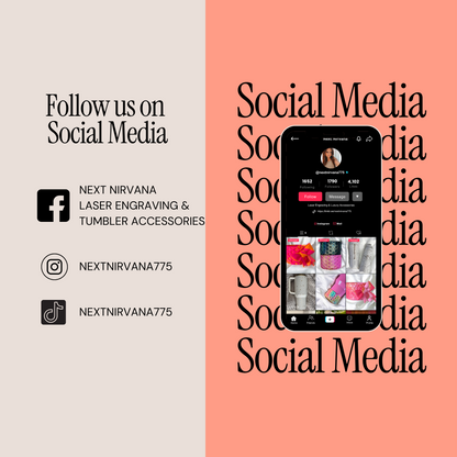 The image is a collage of various social media platforms, including Facebook, Instagram, and Twitter, with a focus on NextNIRVANA Laser Engraving & TUMBLER ACCESSORIES.