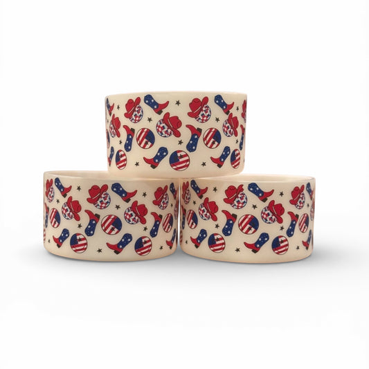 Next Nirvana American Cowboy silicone tumbler boot with red white and blue western pattern on a cream base