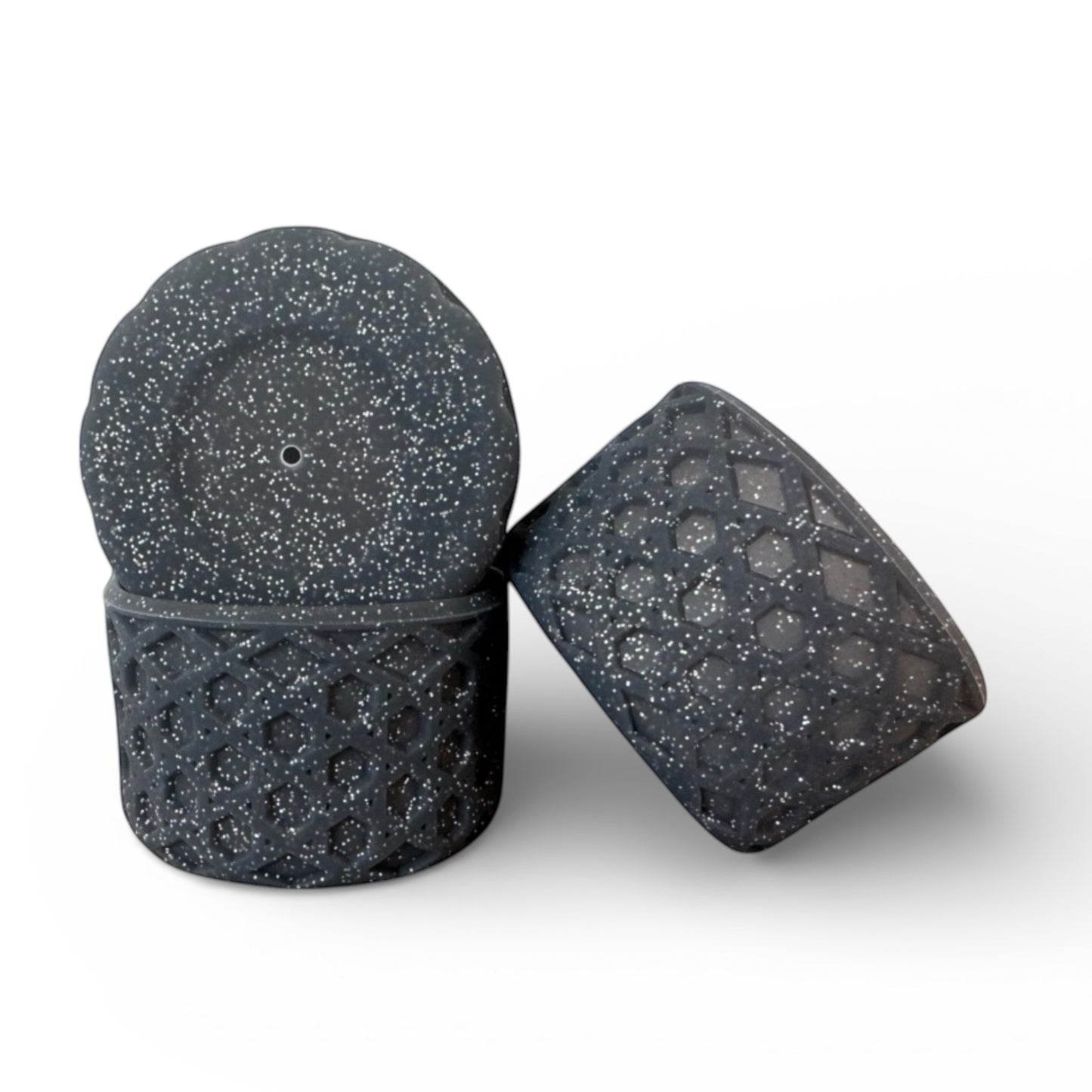 Next Nirvana black glitter silicone waffle tumbler boot for non-slip protection on cups with 2.8 to 3 inch bases.