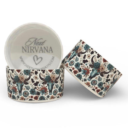 Next Nirvana Bloomin' Bull floral silicone tumbler boot with cow skull and flower pattern for Stanley tumblers.