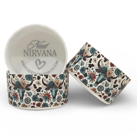 Next Nirvana Bloomin' Bull floral silicone tumbler boot with cow skull and flower pattern for Stanley tumblers.