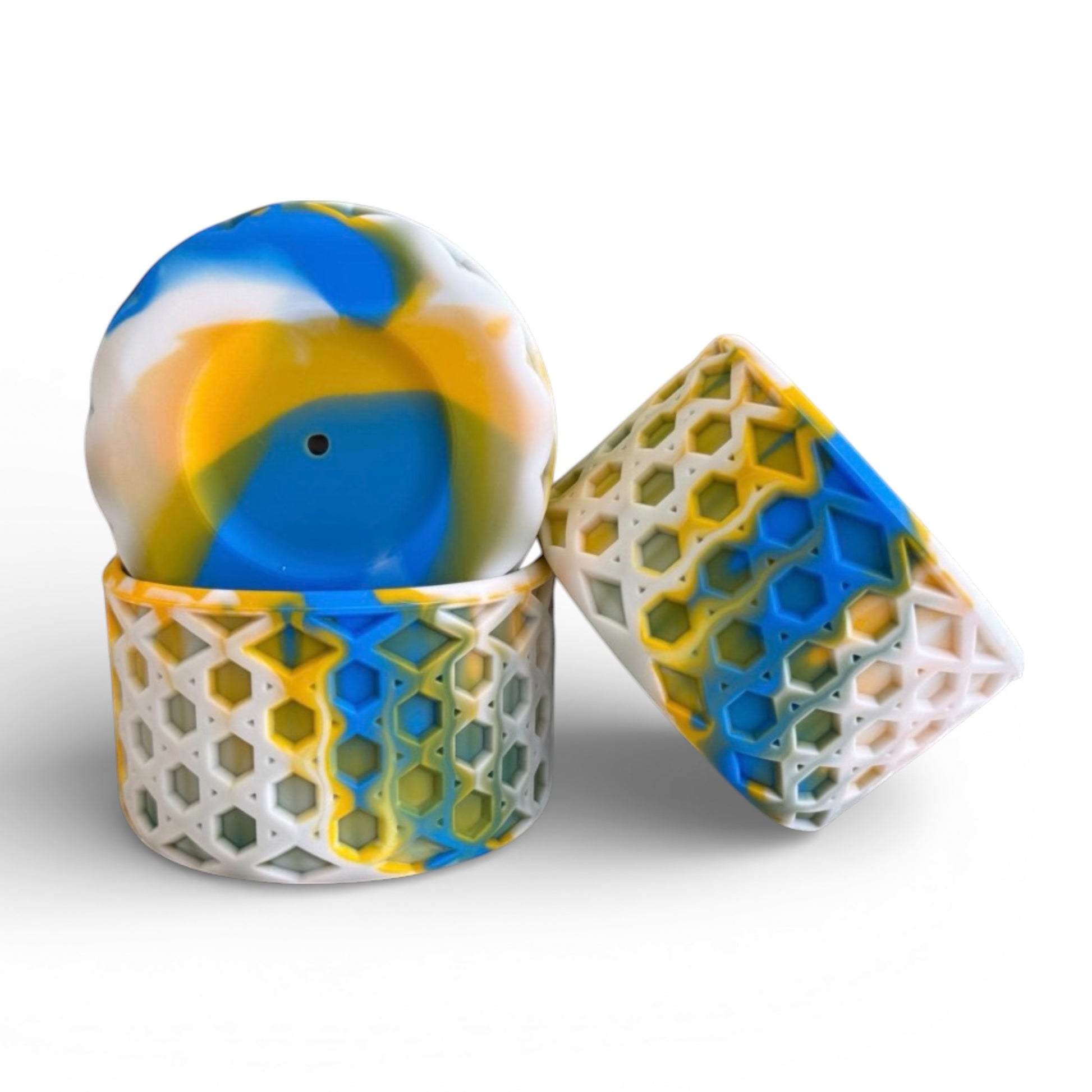 Next Nirvana blue, yellow, and white silicone waffle tumbler boot with a textured, non-slip protective design.