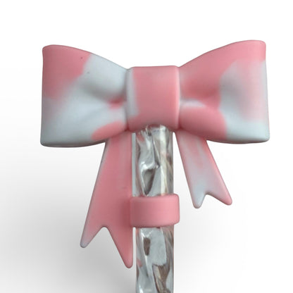 Next Nirvana blush and white marbled 3D silicone bow straw topper for 10mm reusable straws
