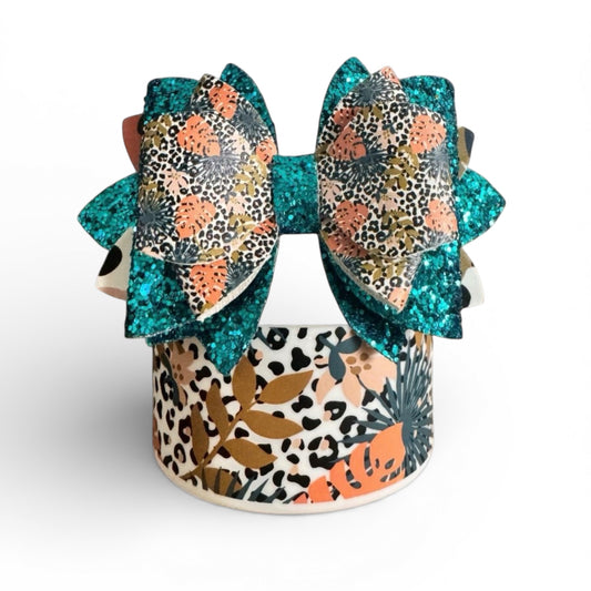 Next Nirvana Boho Babe bow and boot set featuring a teal glitter bow and matching leopard and floral print boot