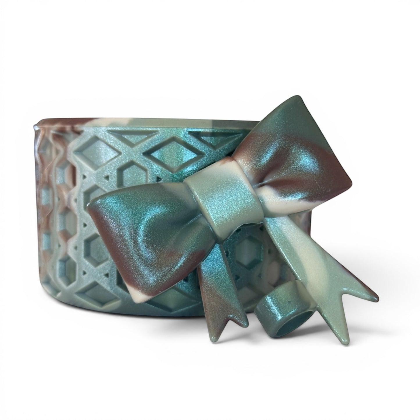 Next Nirvana camo shimmer silicone tumbler boot and matching 3D bow straw topper with a textured waffle pattern.