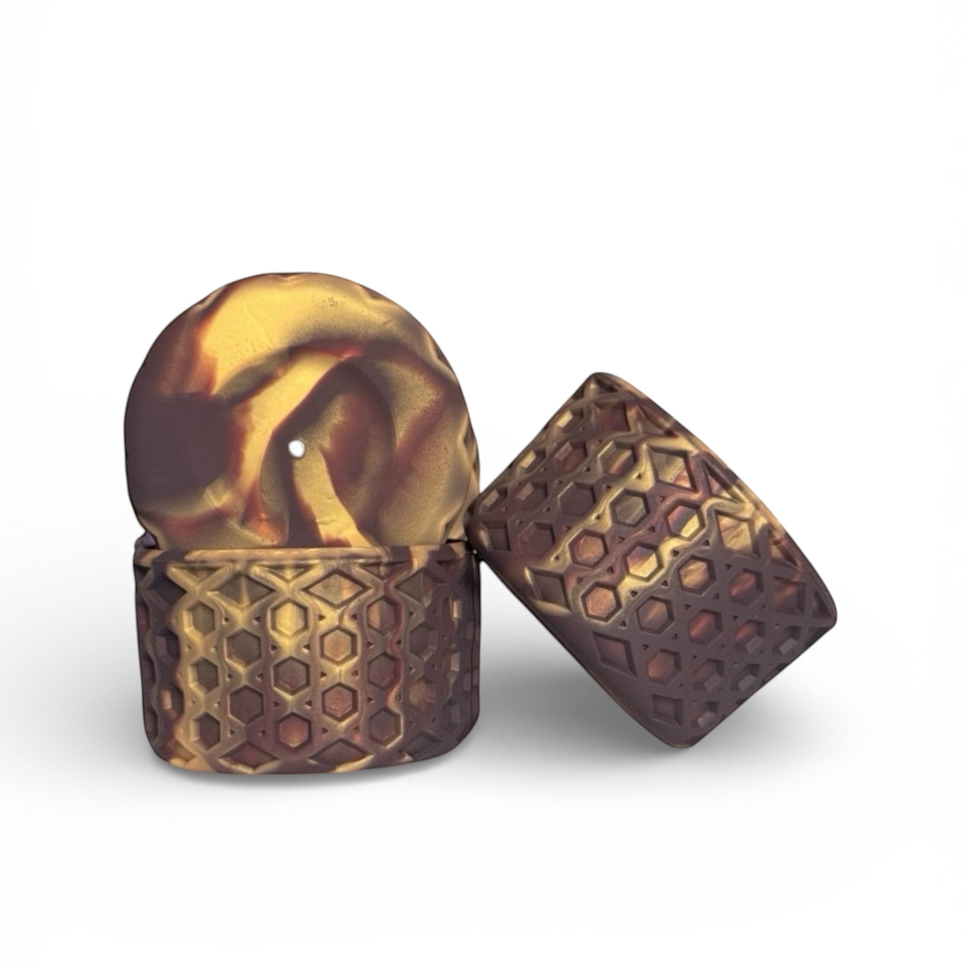 Next Nirvana chocolate gold waffle-textured silicone tumbler boot and 3D bow straw topper set for insulated cups.