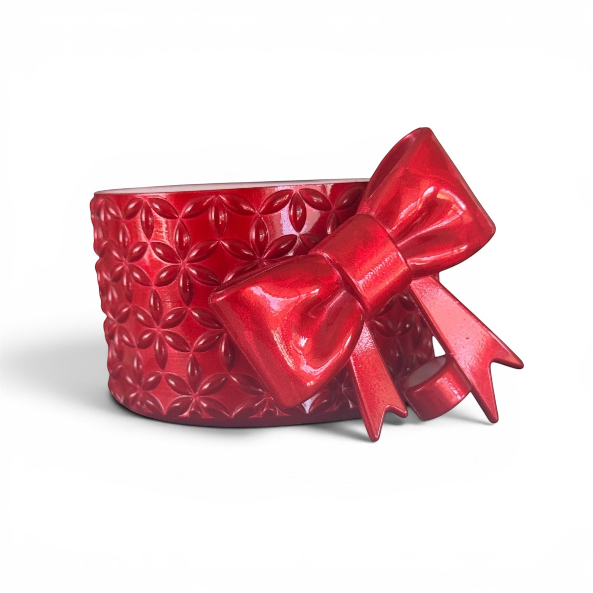 Next Nirvana Crimson Crush holographic red silicone tumbler boot and 3D bow straw topper with floral texture.