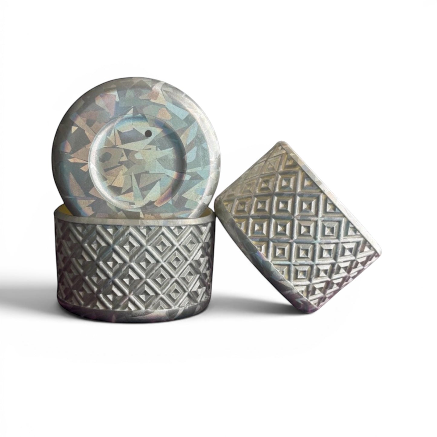 Next Nirvana silicone tumbler boot set with a 3D diamond textured pattern and holographic finish for drinkware.