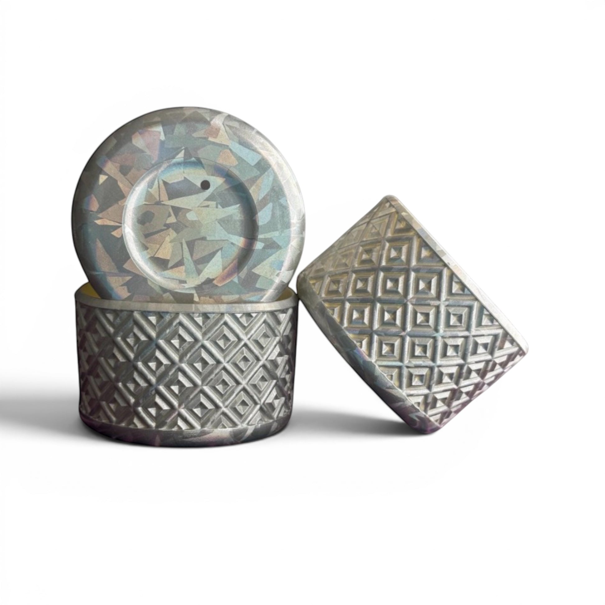 Next Nirvana silicone tumbler boot set with a 3D diamond textured pattern and holographic finish for drinkware.
