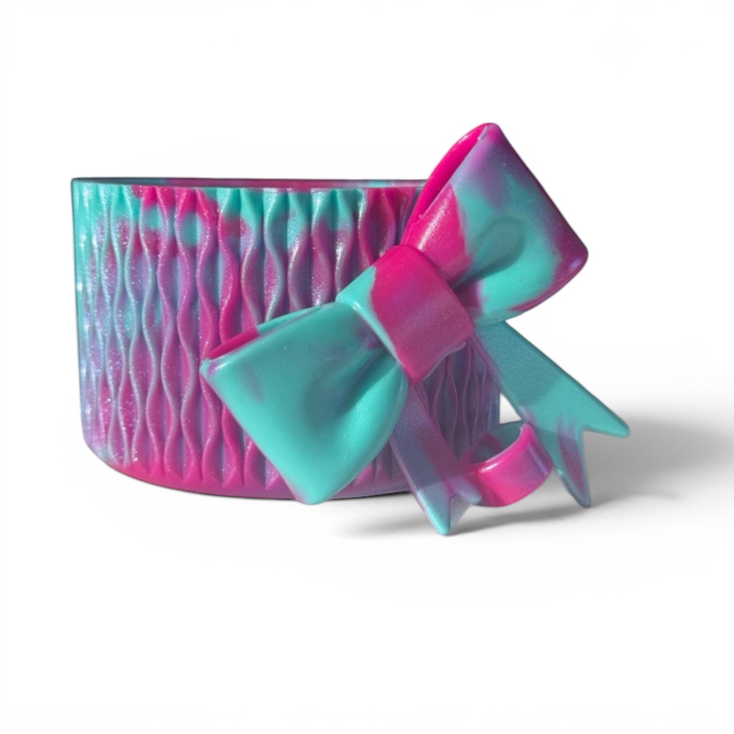Next Nirvana Flamingo Lagoon shimmer silicone tumbler boot and matching 3D bow straw topper in pink and teal swirl