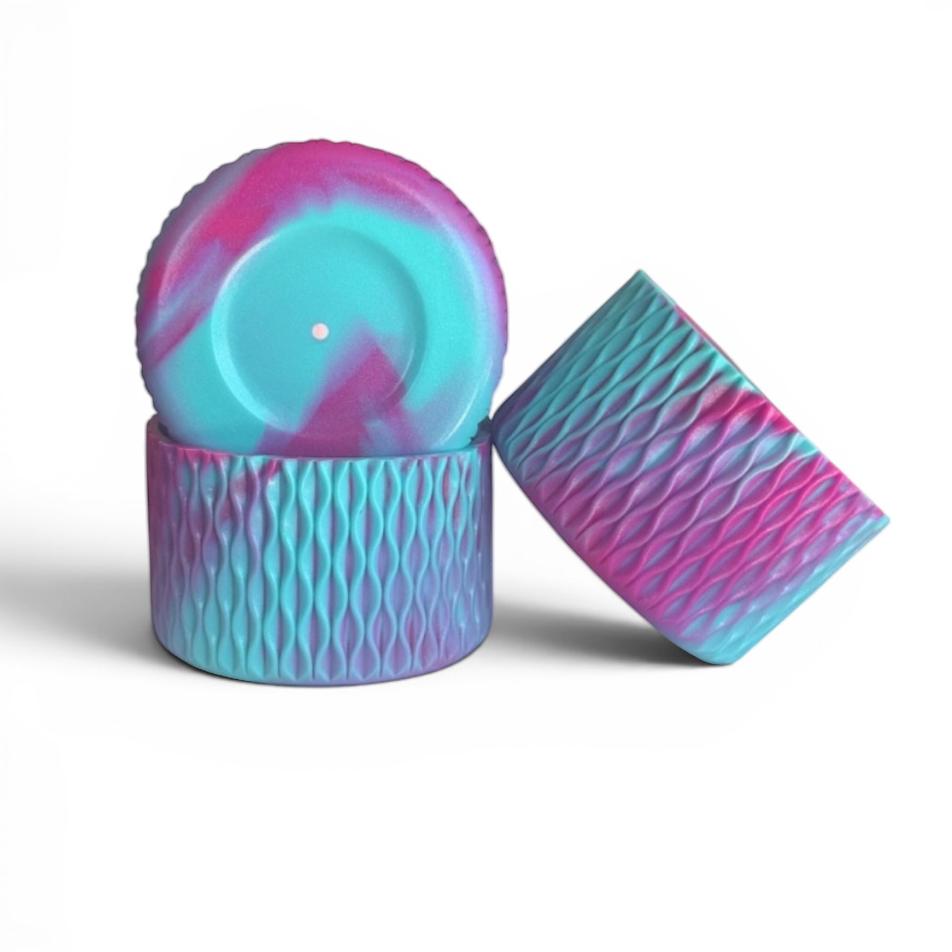 Next Nirvana Flamingo Lagoon Shimmer silicone tumbler boots with a textured wave pattern in pink and blue marble.