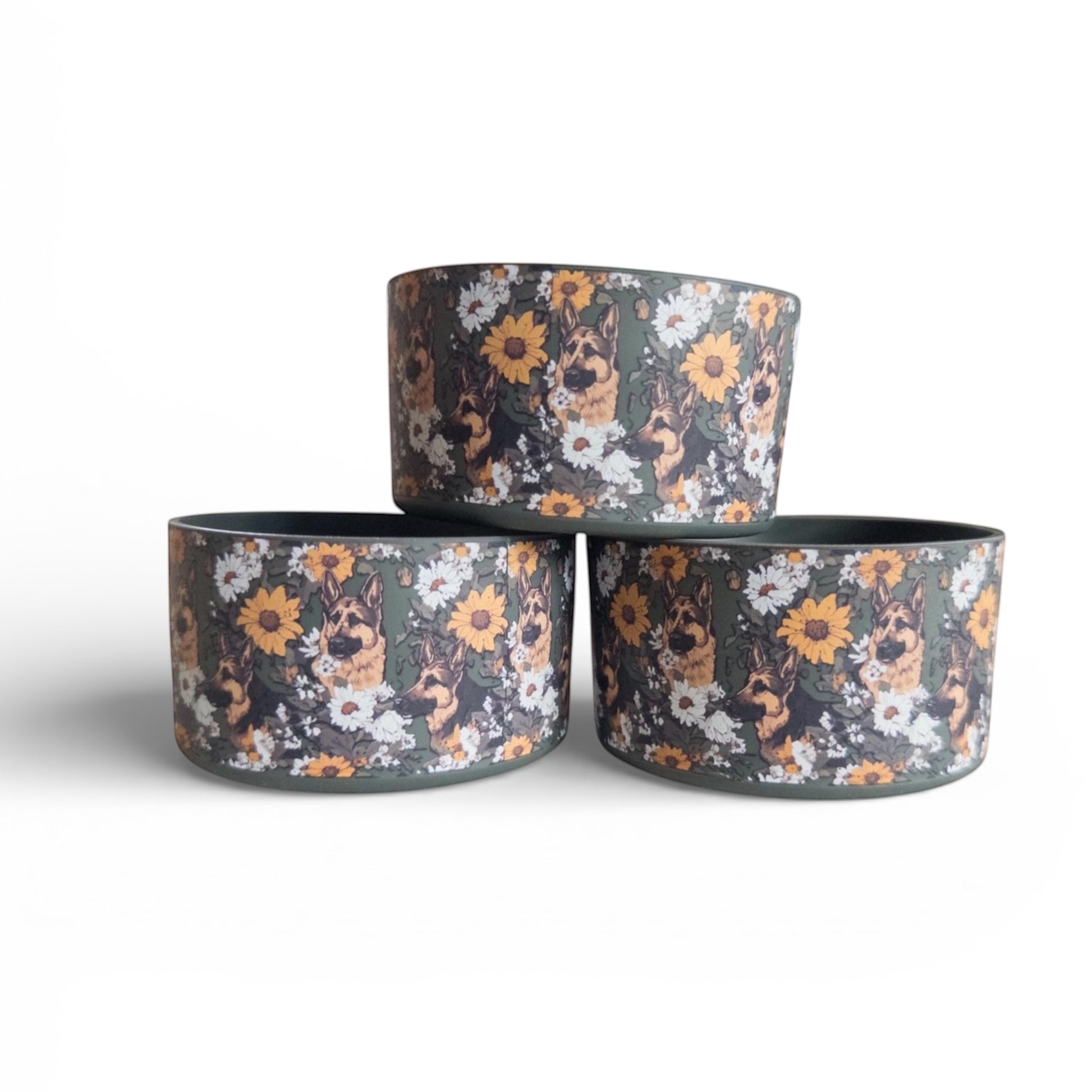 Next Nirvana silicone tumbler boots featuring a German Shepherd and floral print on a dark green background