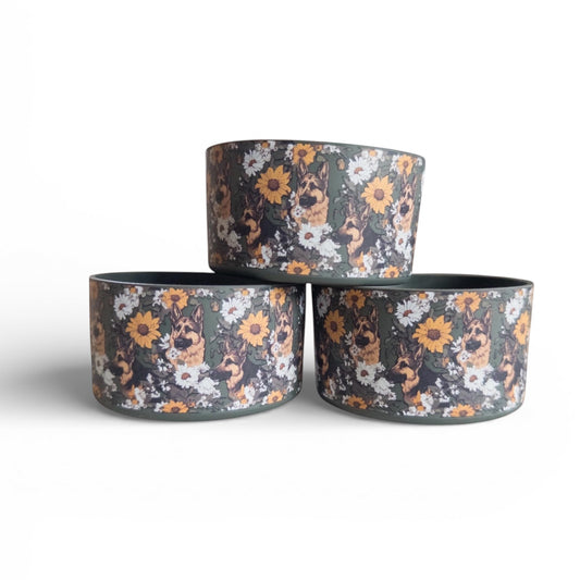 Next Nirvana silicone tumbler boots featuring a German Shepherd and floral print on a dark green background