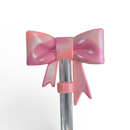 Next Nirvana Mesa Sunset shimmer silicone 3D bow straw topper for tumblers in pink and orange marble
