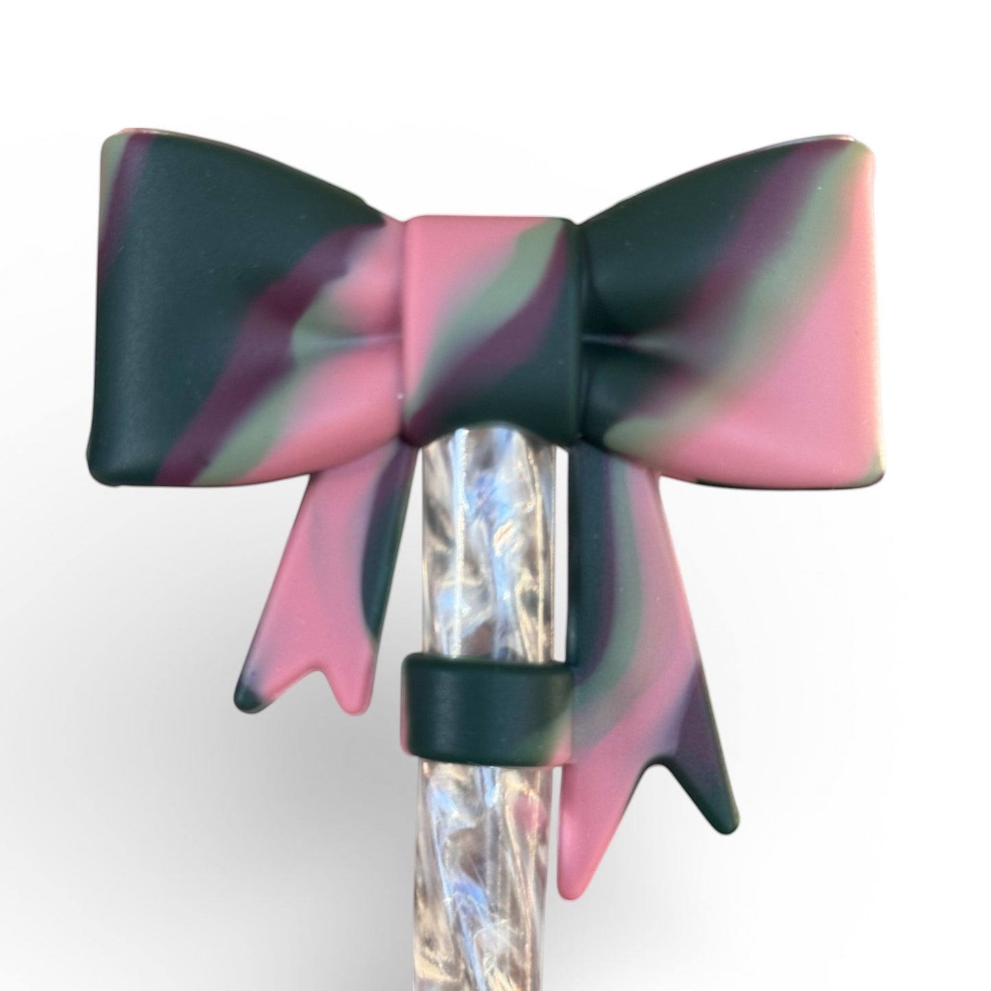 Next Nirvana Midnight Rose silicone 3D bow straw topper with a matte pink and dark green marbled waffle texture
