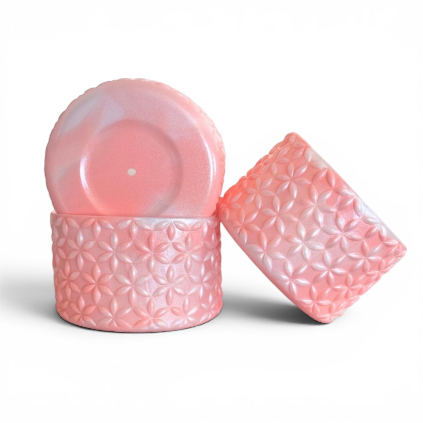 Next Nirvana Peach Bellini silicone tumbler boot set with floral 3D texture in soft pink and white marble finish.