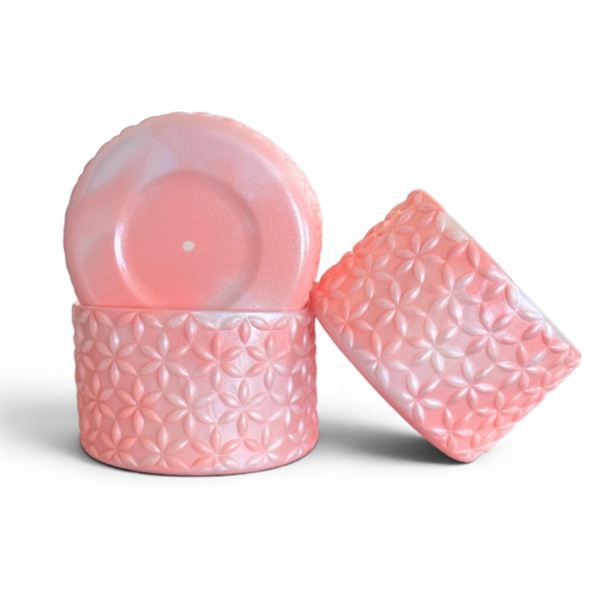 Next Nirvana Peach Bellini silicone tumbler boot set with floral 3D texture in soft pink and white marble finish.