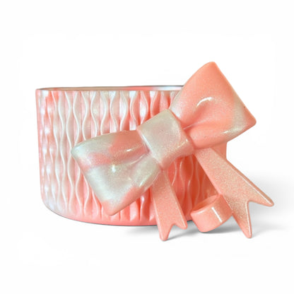 Next Nirvana Peach Bellini silicone tumbler boot and 3D bow straw topper set with a wavy texture in pearlescent pink