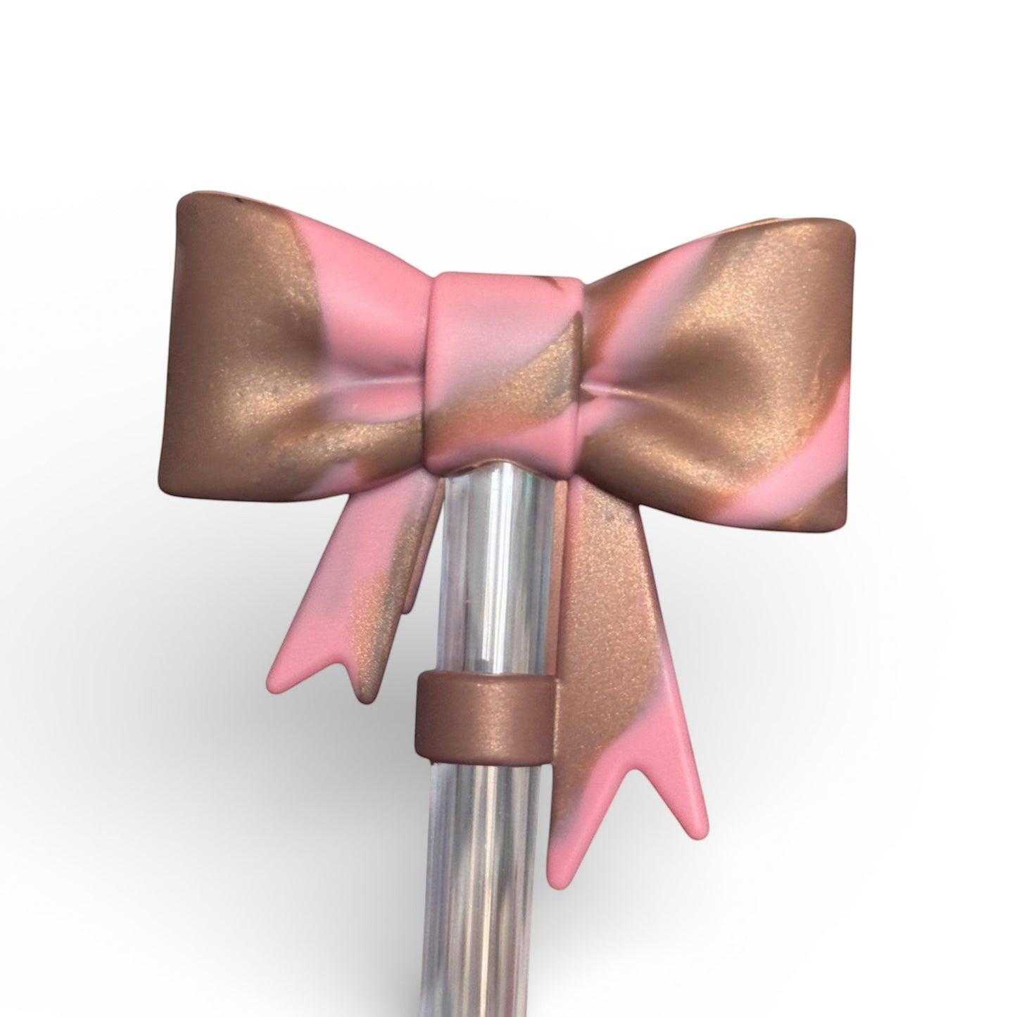 Next Nirvana antique pink and champagne marbled silicone 3D bow straw topper for tumblers