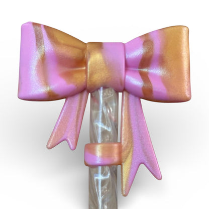Next Nirvana bubblegum pink and gold shimmer 3D silicone bow straw topper for 10mm reusable tumblers