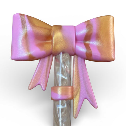 Next Nirvana bubblegum pink and gold shimmer 3D silicone bow straw topper for 10mm reusable tumblers