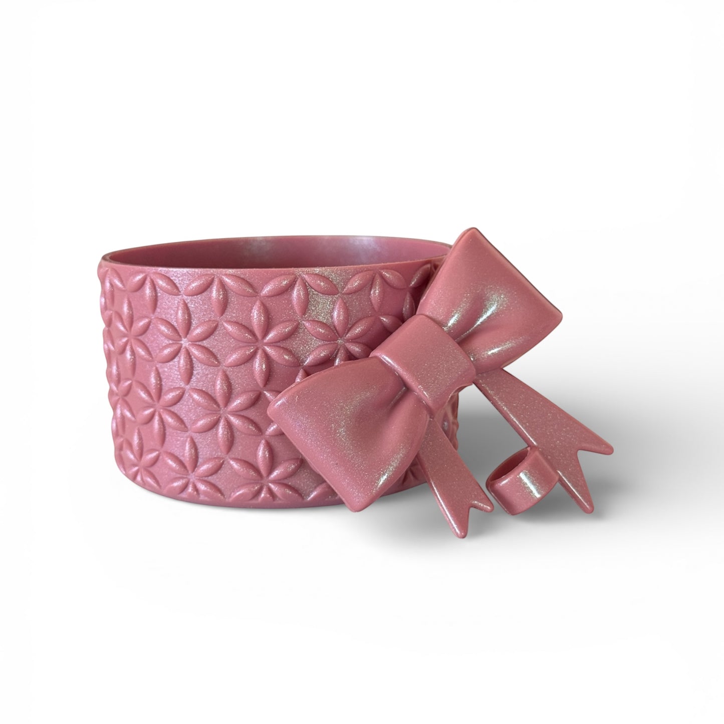 Next Nirvana antique pink shimmer silicone tumbler boot with a matching 3D bow straw topper and floral texture.