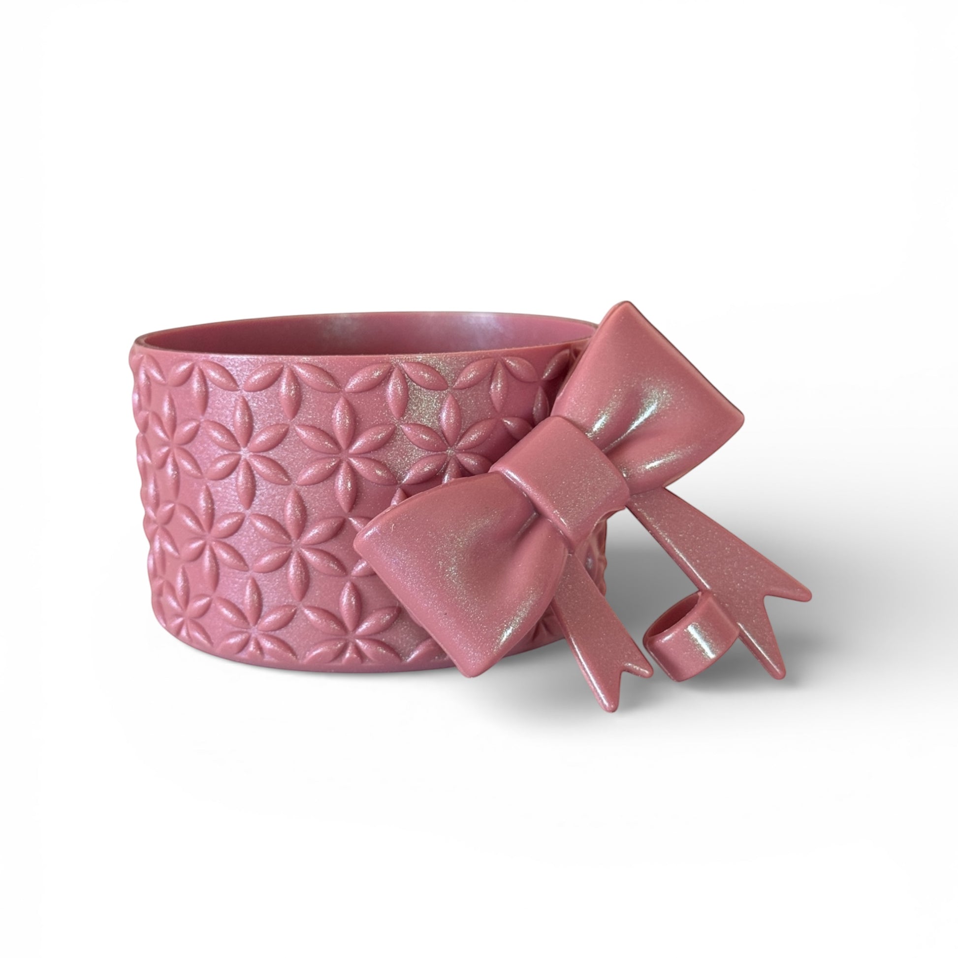 Next Nirvana antique pink shimmer silicone tumbler boot with a matching 3D bow straw topper and floral texture.