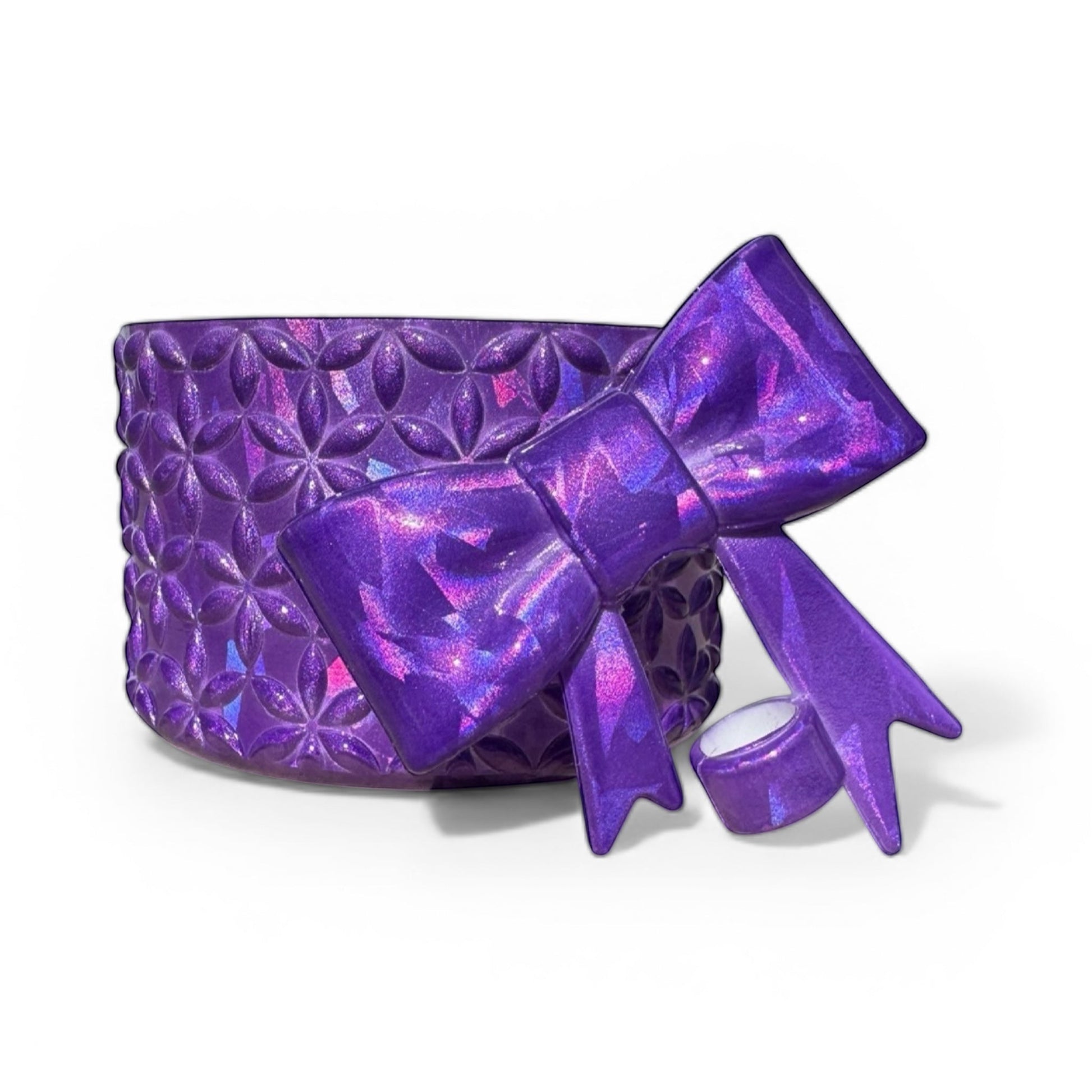 Next Nirvana purple holographic silicone tumbler boot with matching 3D bow straw topper and floral texture.