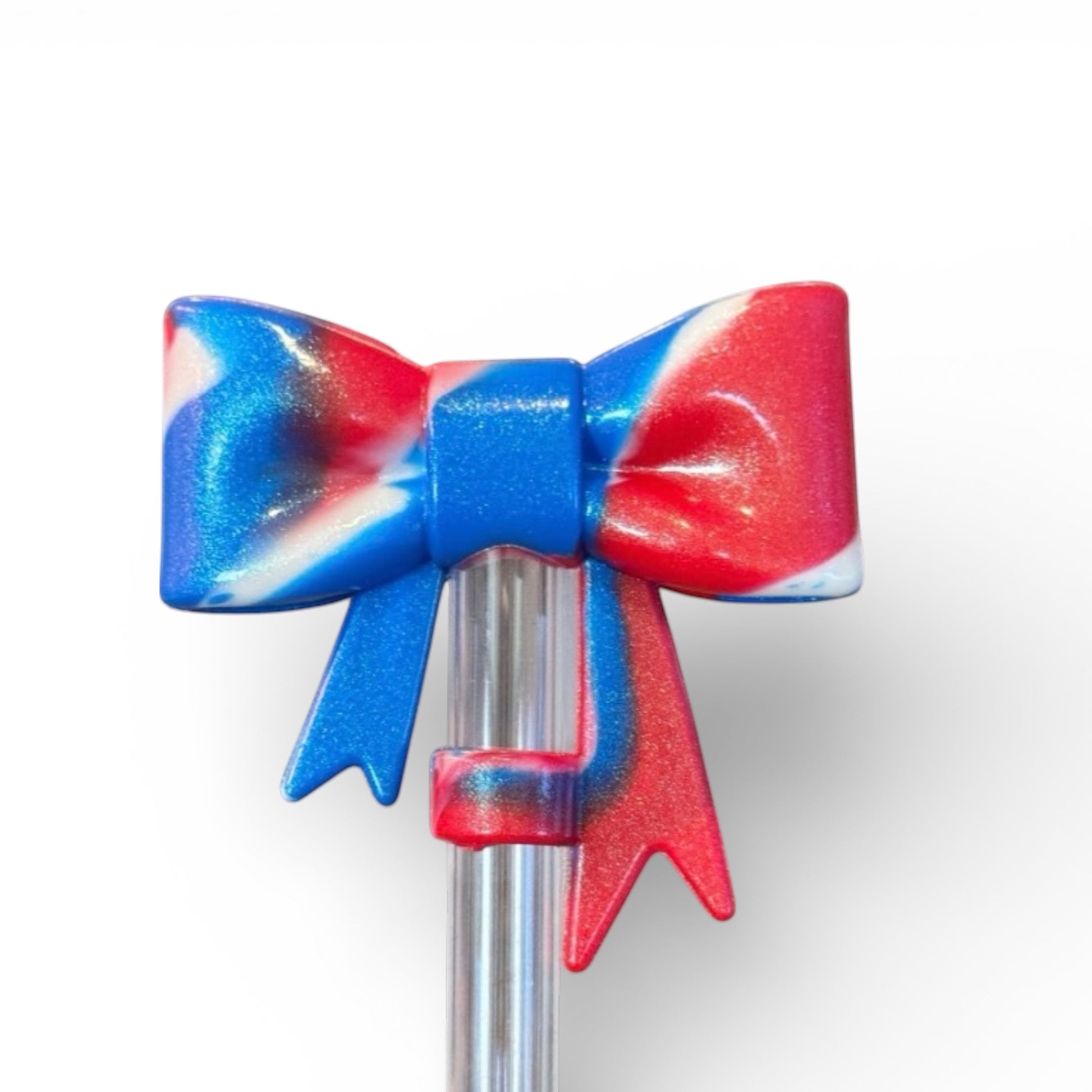 Next Nirvana red white and blue marbled 3D silicone bow straw topper for tumblers