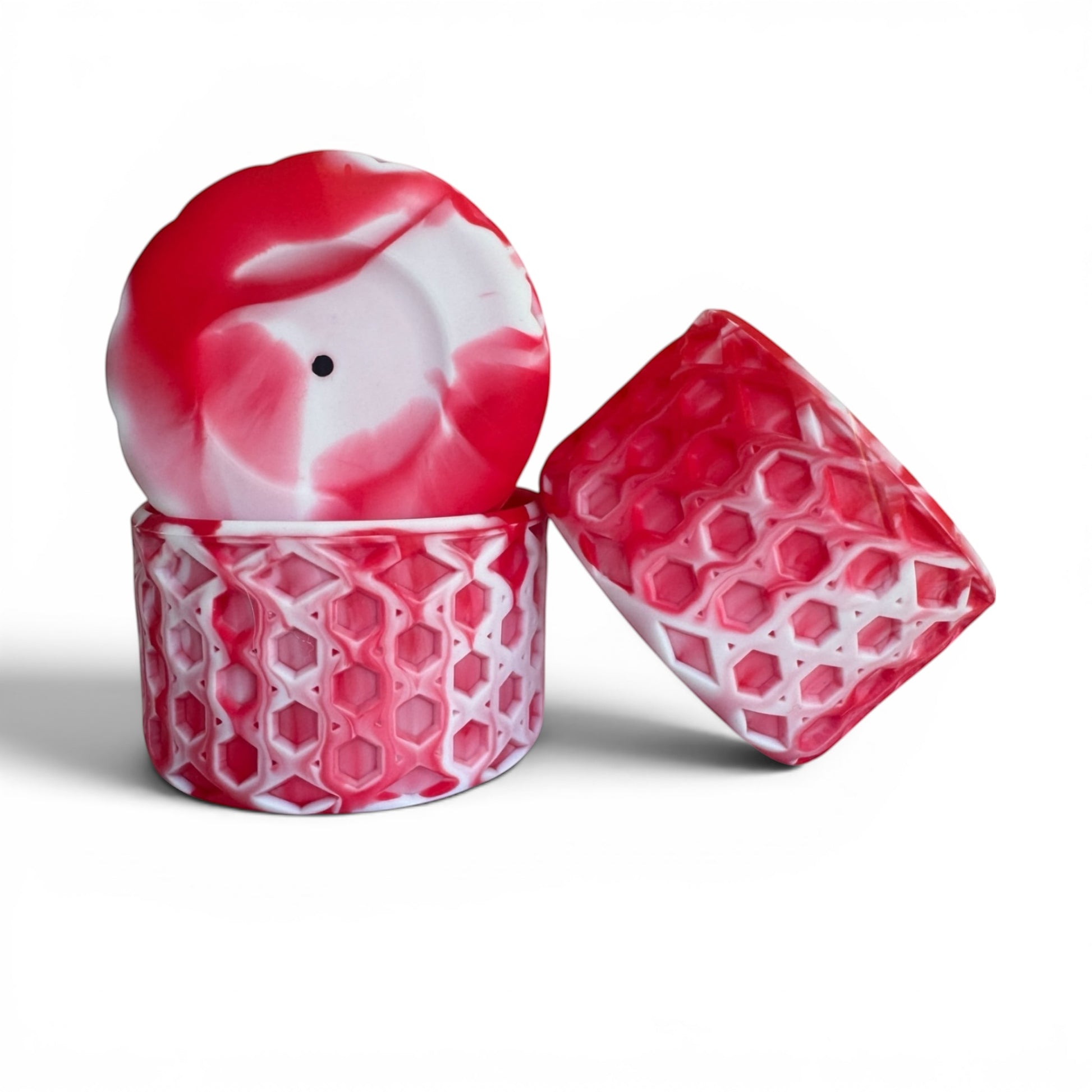 Next Nirvana red and white marble silicone tumbler boot and 3D waffle texture straw topper set for insulated cups.