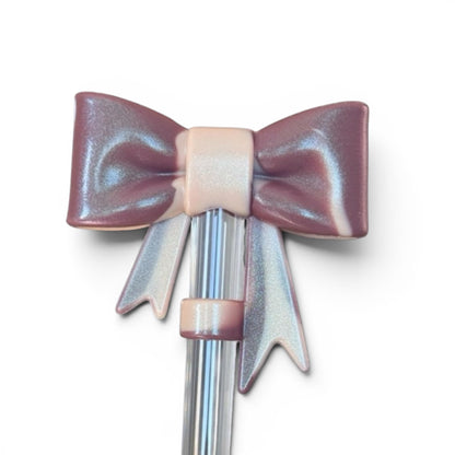Next Nirvana rose quartz shimmer 3D bow straw topper for tumblers with a glossy finish