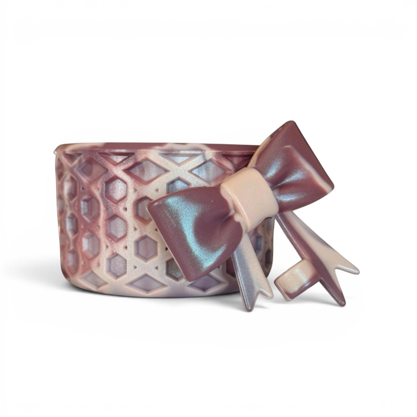 Next Nirvana rose quartz shimmer silicone tumbler boot with matching 3D bow straw topper in a waffle texture design.