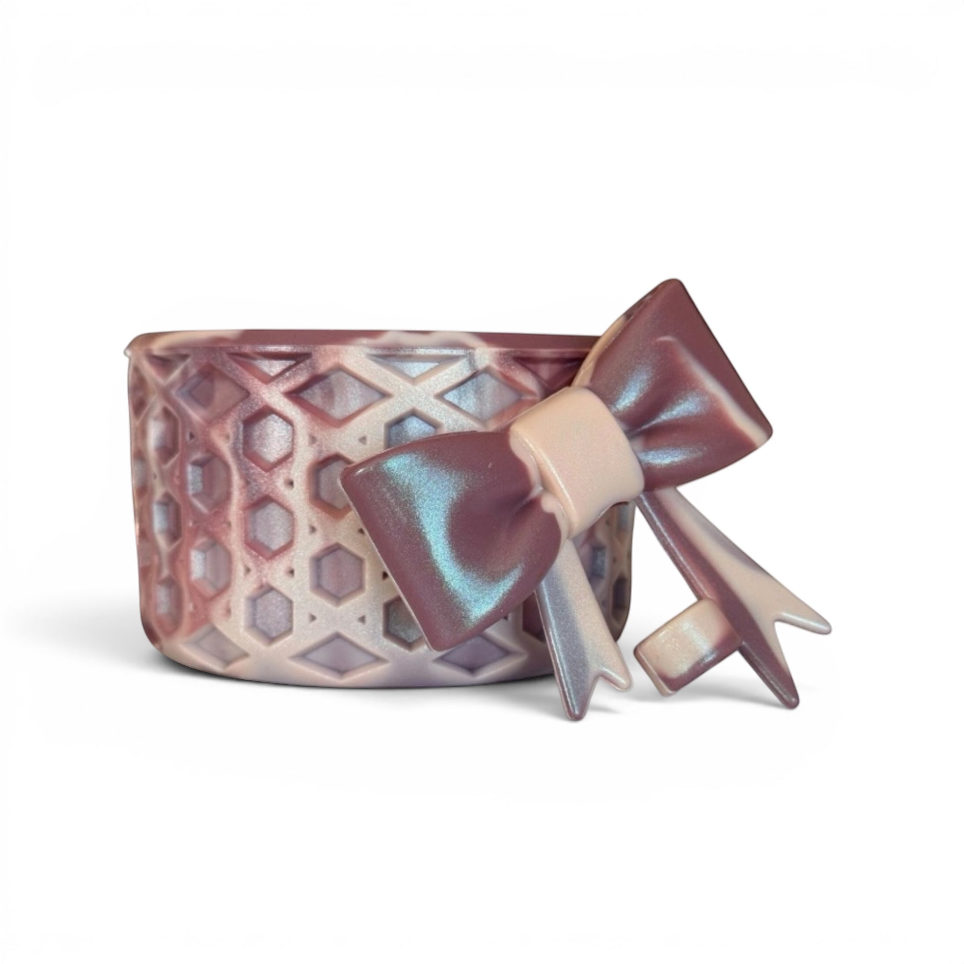 Next Nirvana rose quartz shimmer silicone tumbler boot with matching 3D bow straw topper in a waffle texture design.