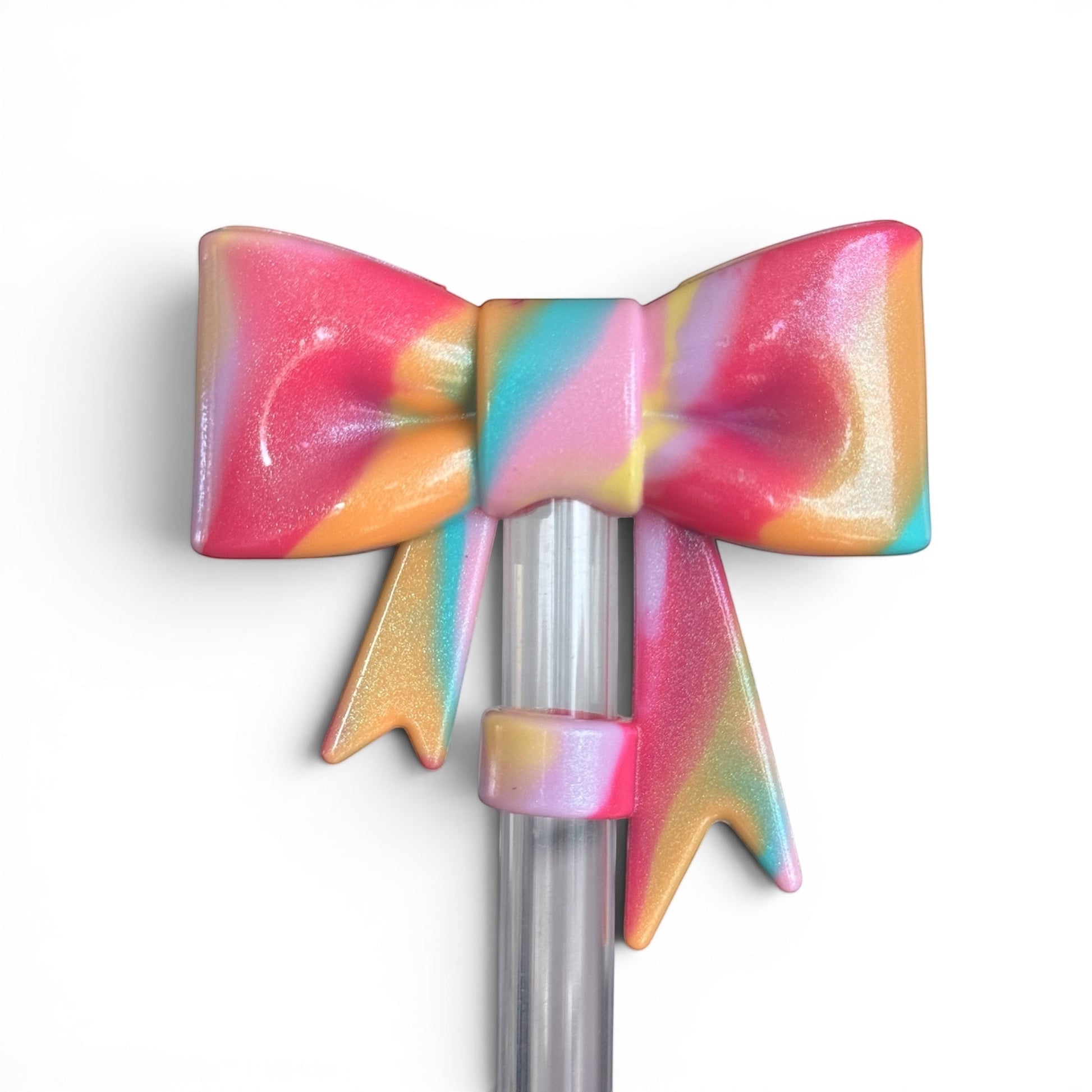 Next Nirvana 3D shimmer bow straw topper in a colorful swirled pastel design for tumblers.
