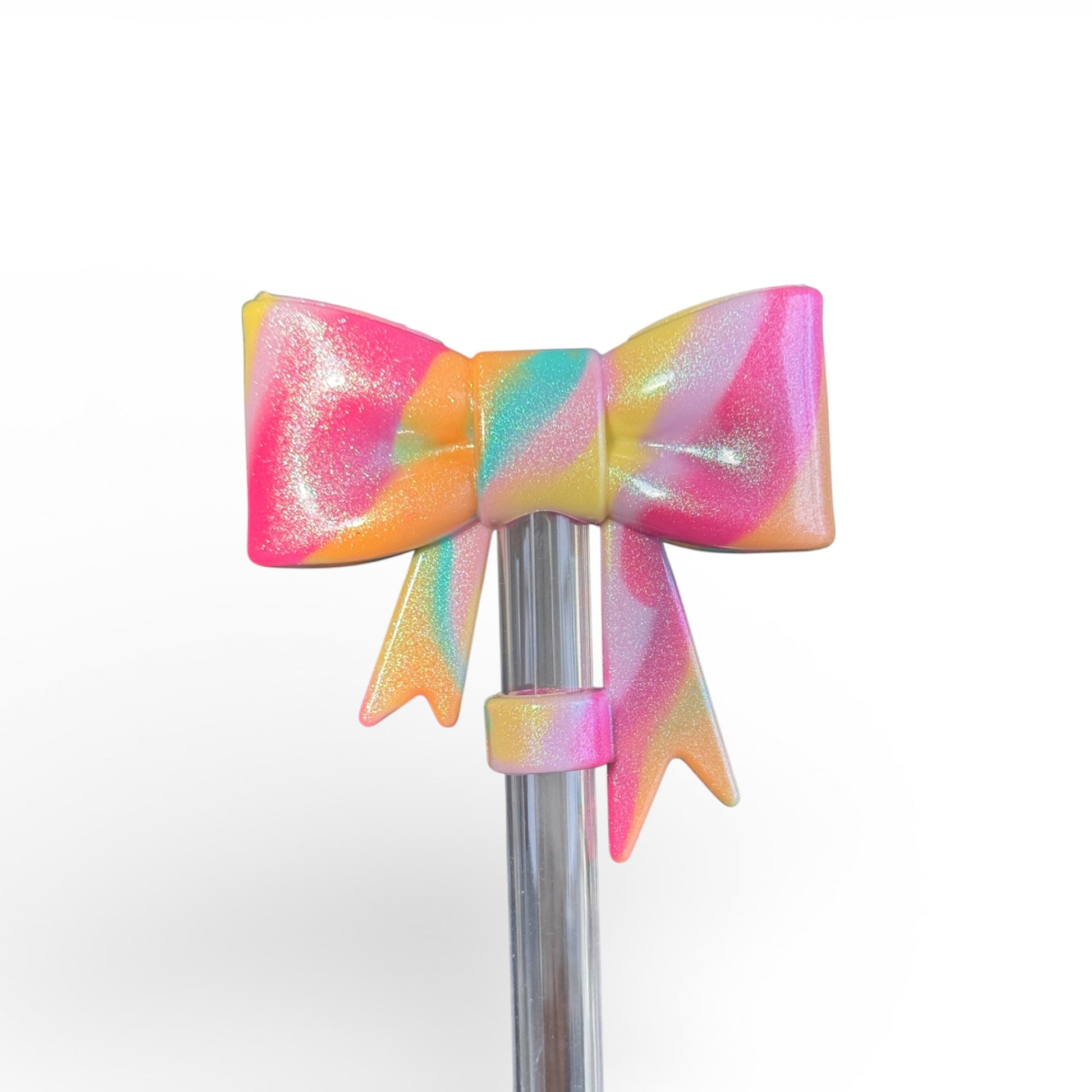 Next Nirvana Summer Splash Shimmer 3D silicone bow straw topper with a vibrant multi-color swirl glitter finish.