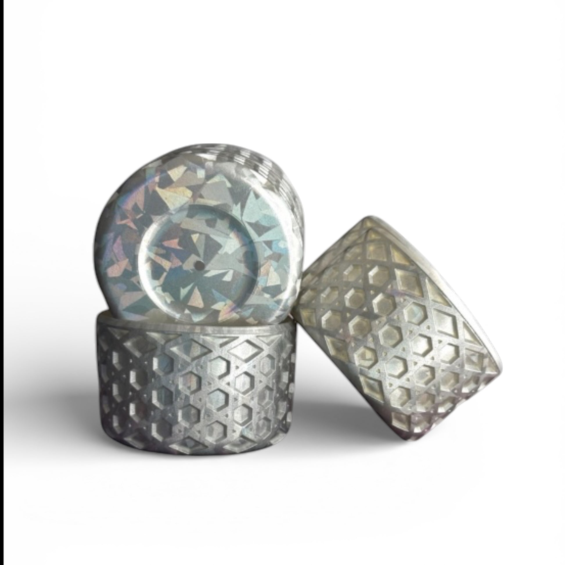 Next Nirvana silver waffle-textured silicone tumbler boots with holographic geometric patterns for drinkware protection