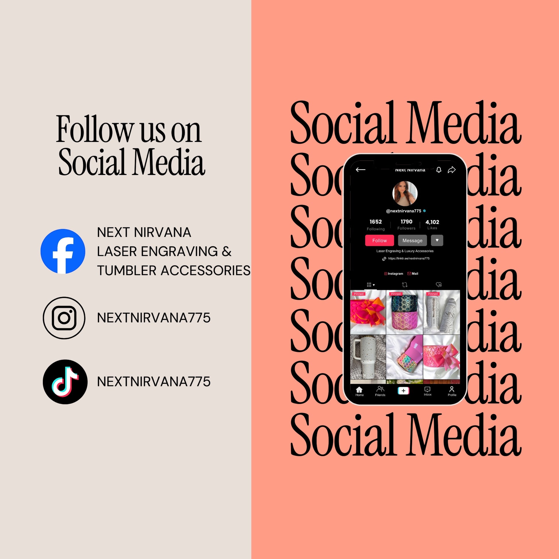 Next Nirvana social media profile page showing various textured silicone tumbler boots and accessories