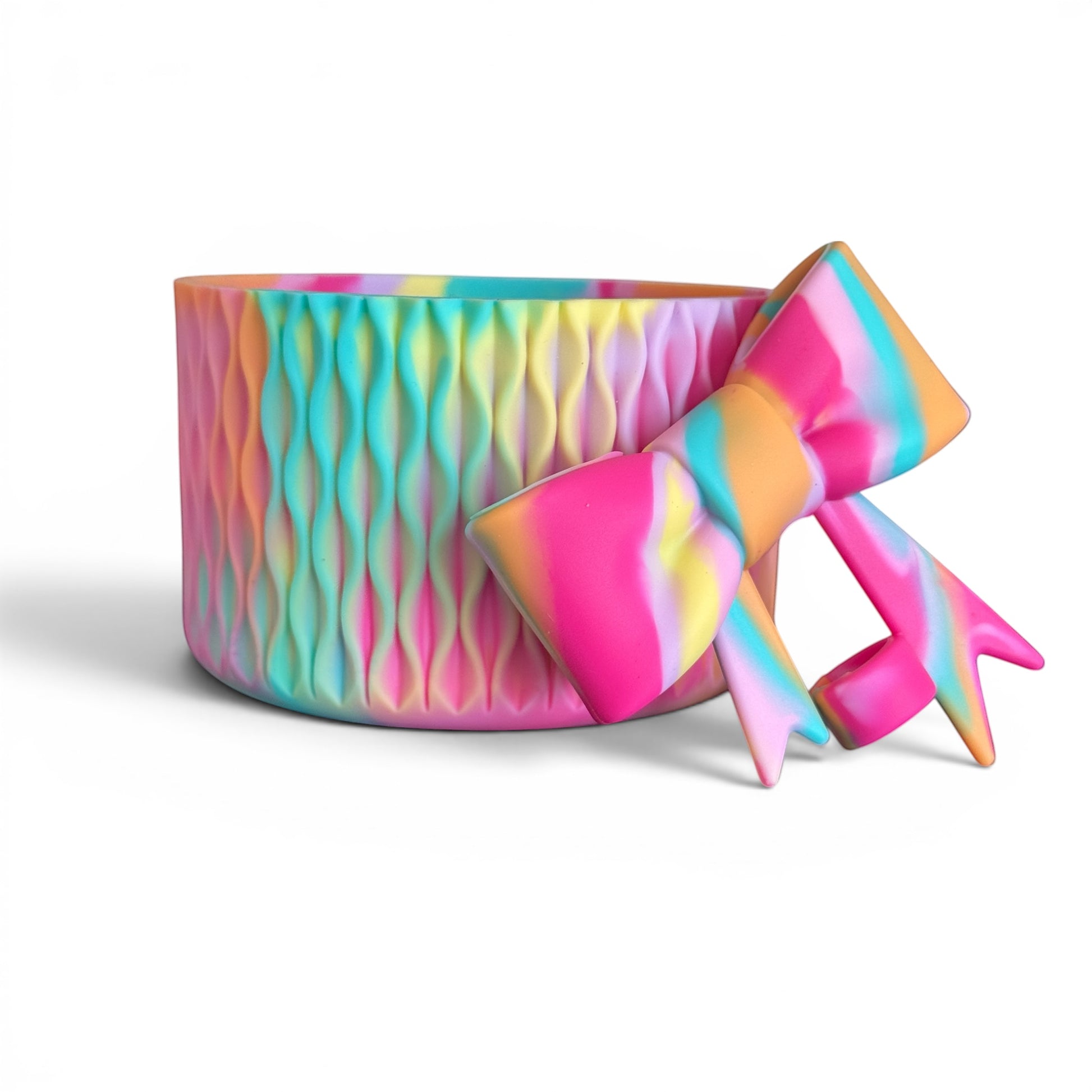 Next Nirvana Summer Splash silicone tumbler boot and 3D bow straw topper set in a vibrant multi-color wavy design.
