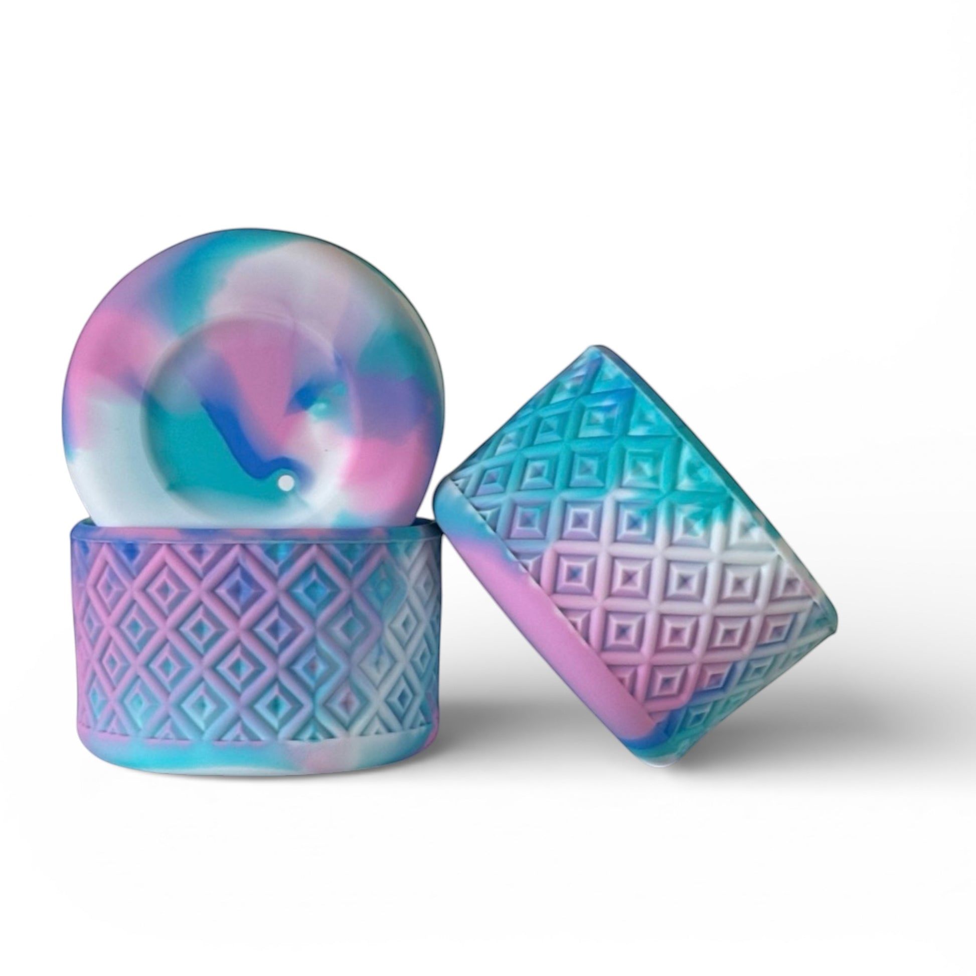 Next Nirvana Summer Swirl diamond-textured silicone tumbler boot in blue, pink, and purple marble pattern.