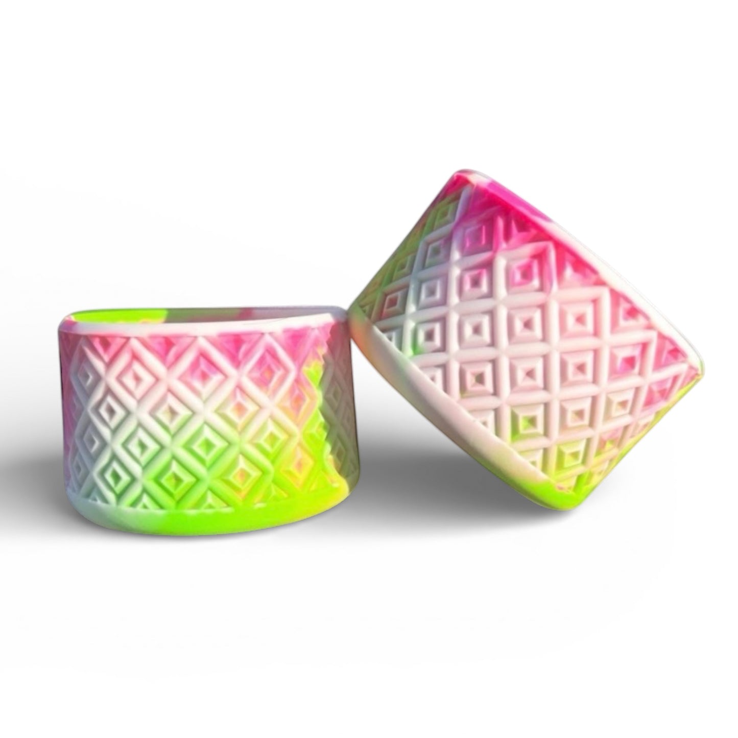 Next Nirvana silicone tumbler boot with white, pink, and green swirl diamond pattern for protective cup base.